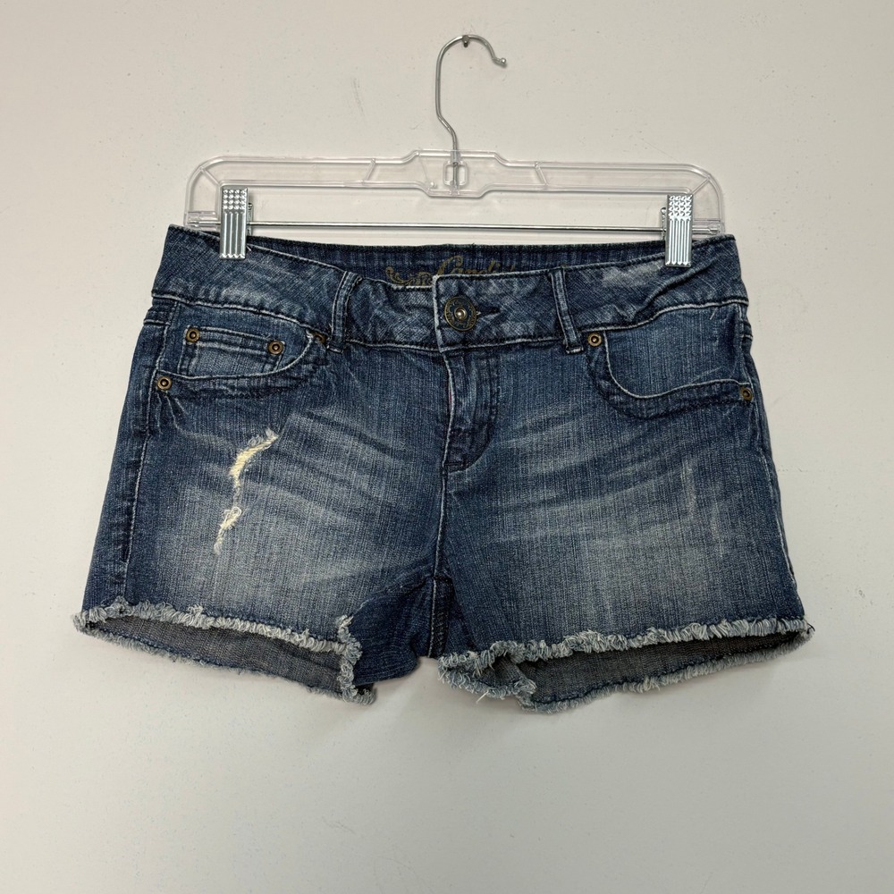 Vtg Y2K Candies Dark Wash Micro Mini Denim Shorts Frayed Hem Embroidered Size 7